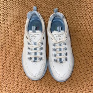 Skechers Ultra‎ Flex White Blue Leather Sneakers Women's Walking Shoes 6